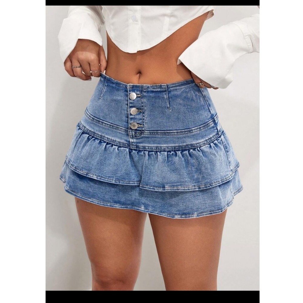 SHEIN Women Size 28 Ruffle Denim Blue Jean Mini Tiered‎ Skirt Girly Western Y2K